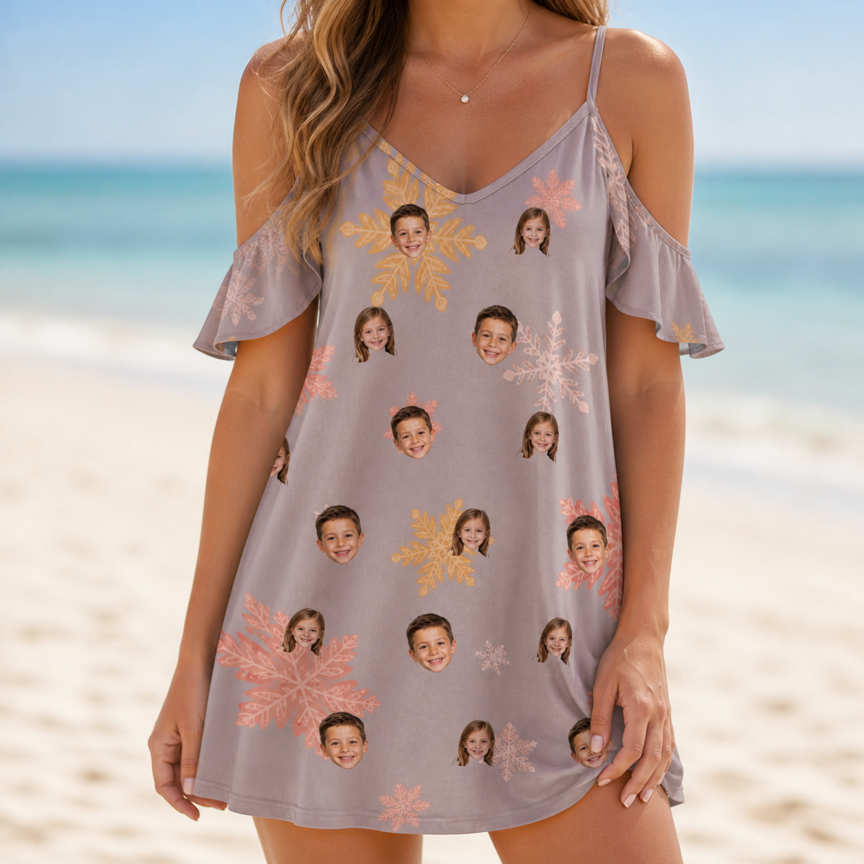 Model wearing Women's Flurry Fanfare Custom Face Off-Shoulder Dress printed with kids' faces
