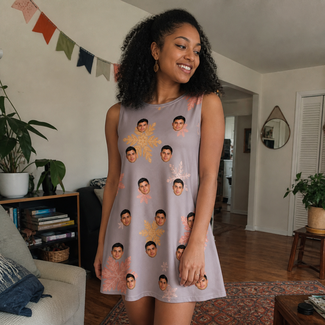 Real-life photo of someone wearing Women's Flurry Fanfare Custom Face Tank Dress — custom faces printed all-over