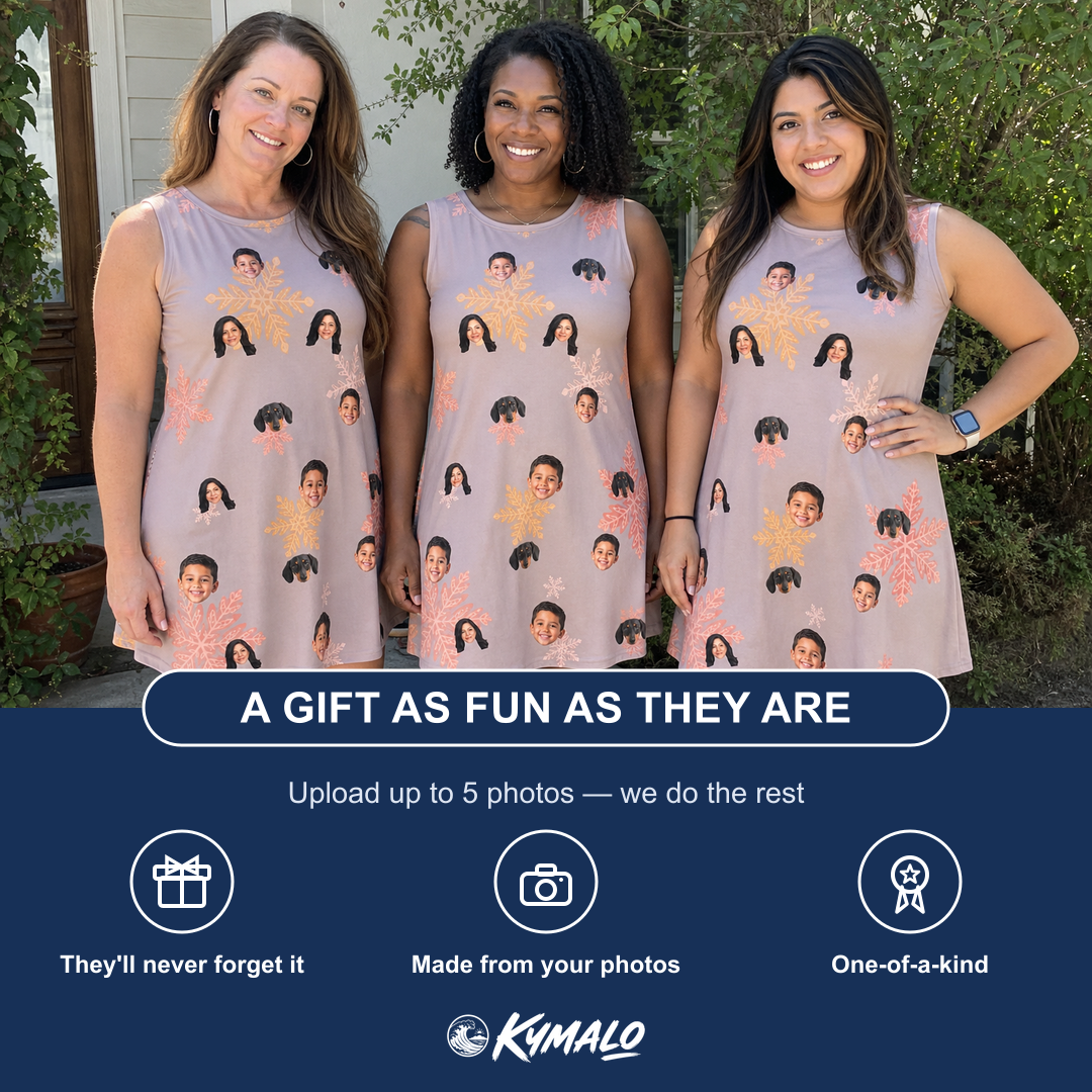Friends in matching Women's Flurry Fanfare Custom Face Tank Dress — a group gift photo