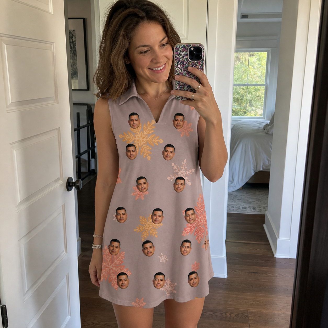 Real-life photo of someone wearing Women's Flurry Fanfare Custom Face V-Neck Dress — custom faces printed all-over