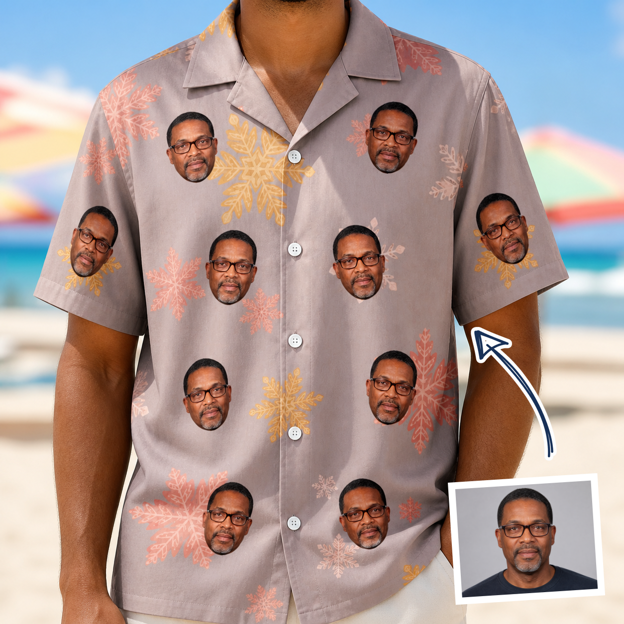 Man wearing Men's Flurry Fanfare Custom Face Hawaiian Shirt — custom faces printed all-over