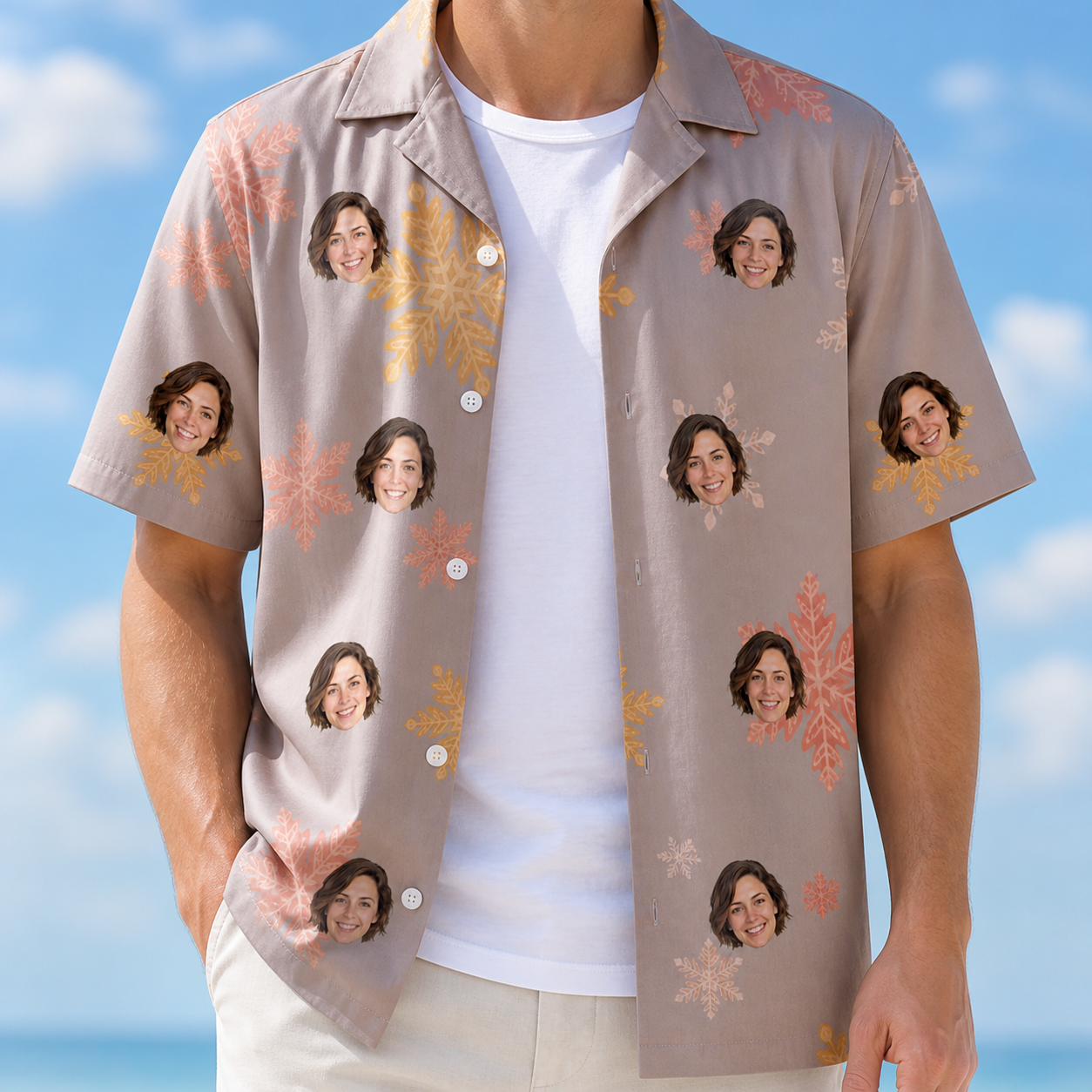 Man wearing Men's Flurry Fanfare Custom Face Hawaiian Shirt open over a white tee