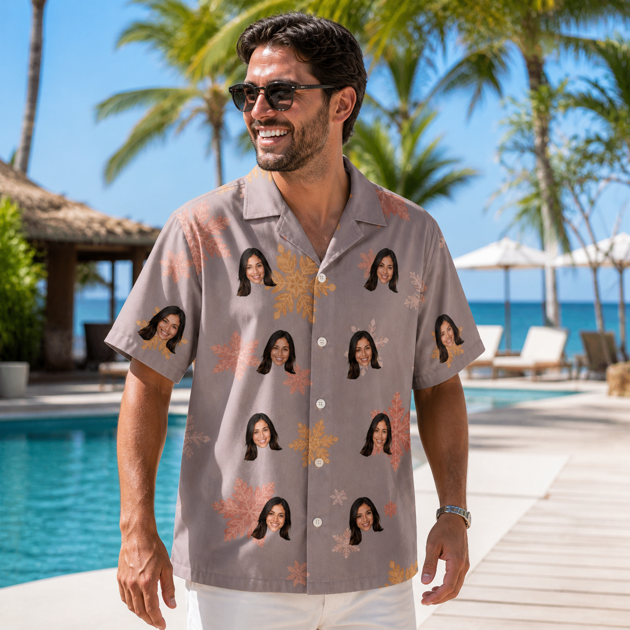 Real-life photo of someone wearing Men's Flurry Fanfare Custom Face Hawaiian Shirt — custom faces printed all-over