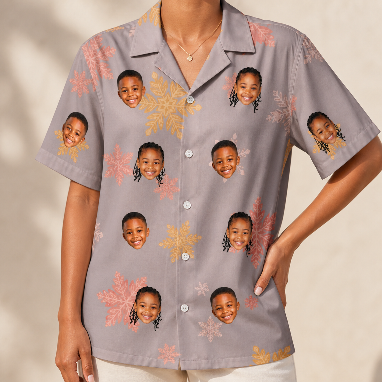 Model wearing Women's Flurry Fanfare Custom Face Hawaiian Shirt printed with kids' faces