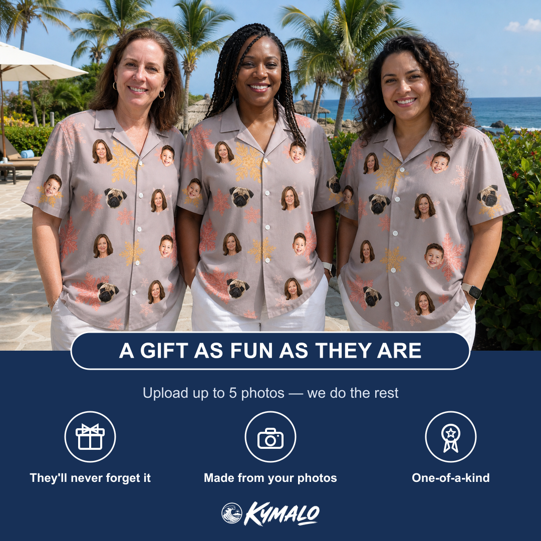 Friends in matching Women's Flurry Fanfare Custom Face Hawaiian Shirt — a group gift photo