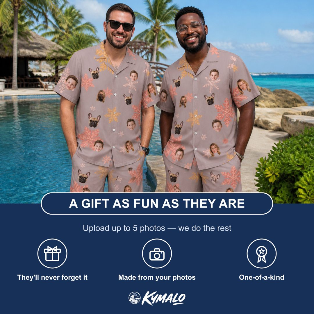 Friends in matching Men's Flurry Fanfare Custom Face Shirt & Shorts Set — a group gift photo