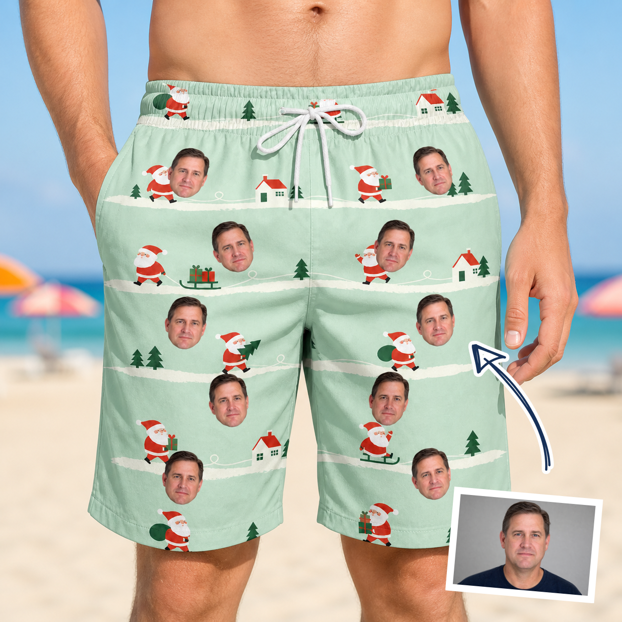 Man wearing Men's Claus Carnival Custom Face Beach Shorts — custom faces printed all-over