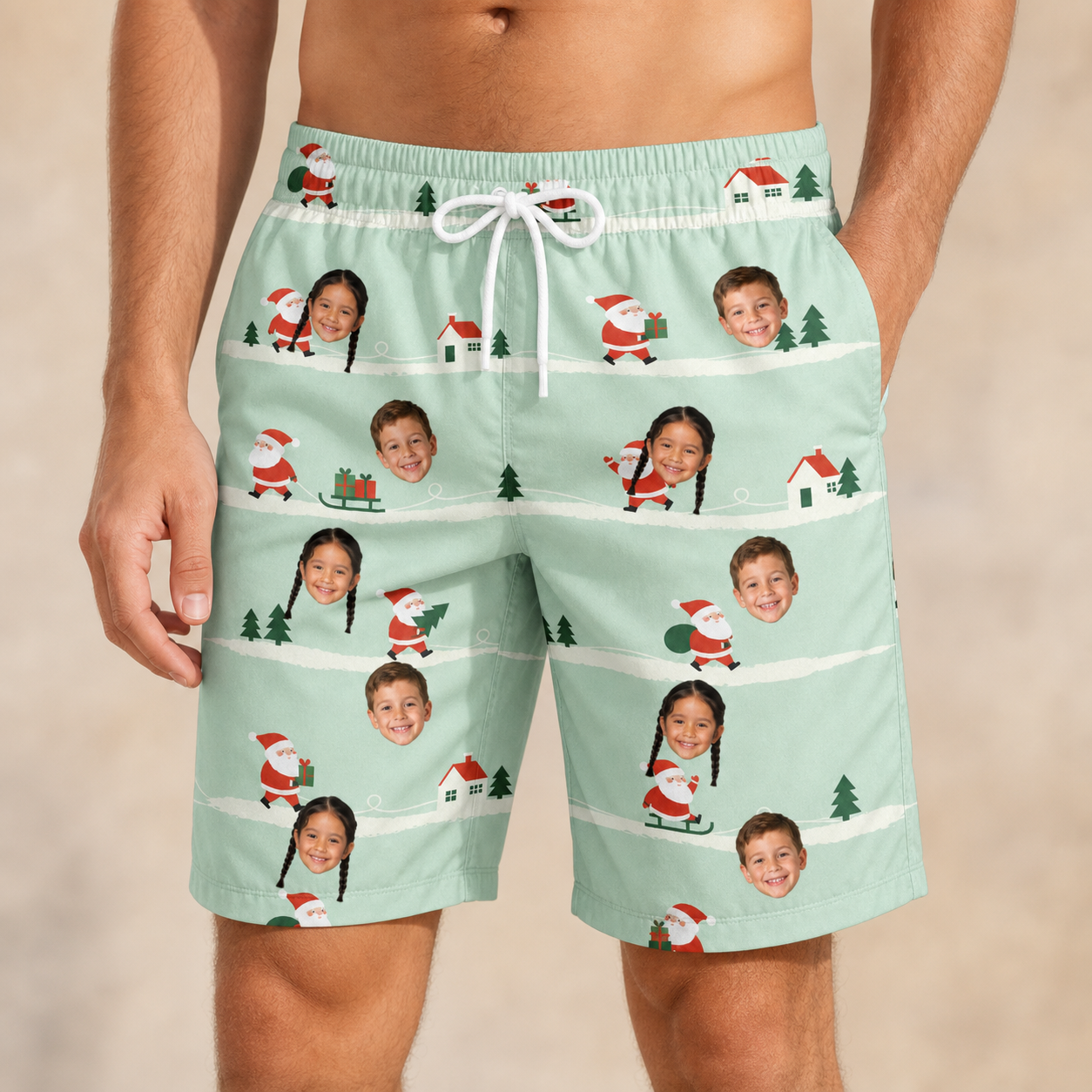 Model wearing Men's Claus Carnival Custom Face Beach Shorts printed with kids' faces