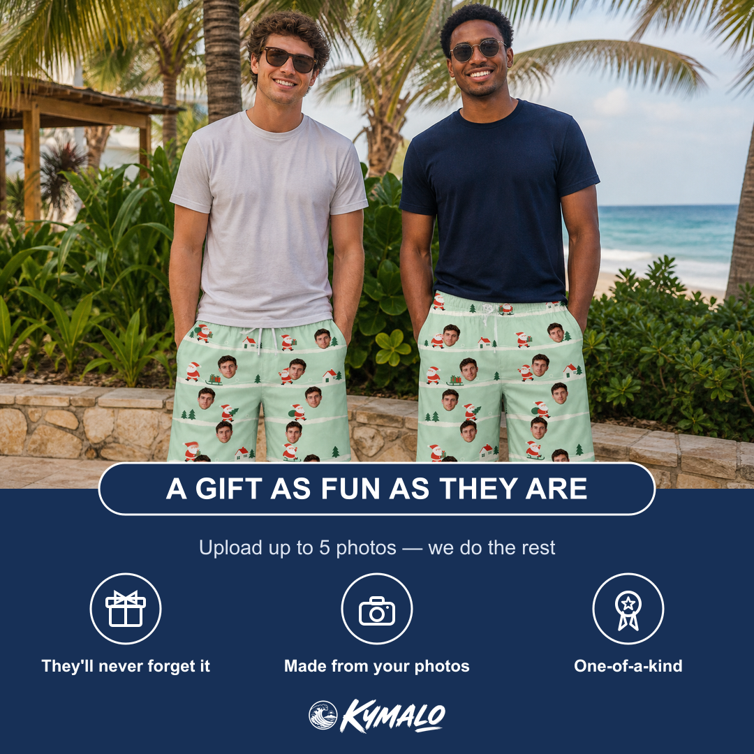 Friends in matching Men's Claus Carnival Custom Face Beach Shorts — a group gift photo