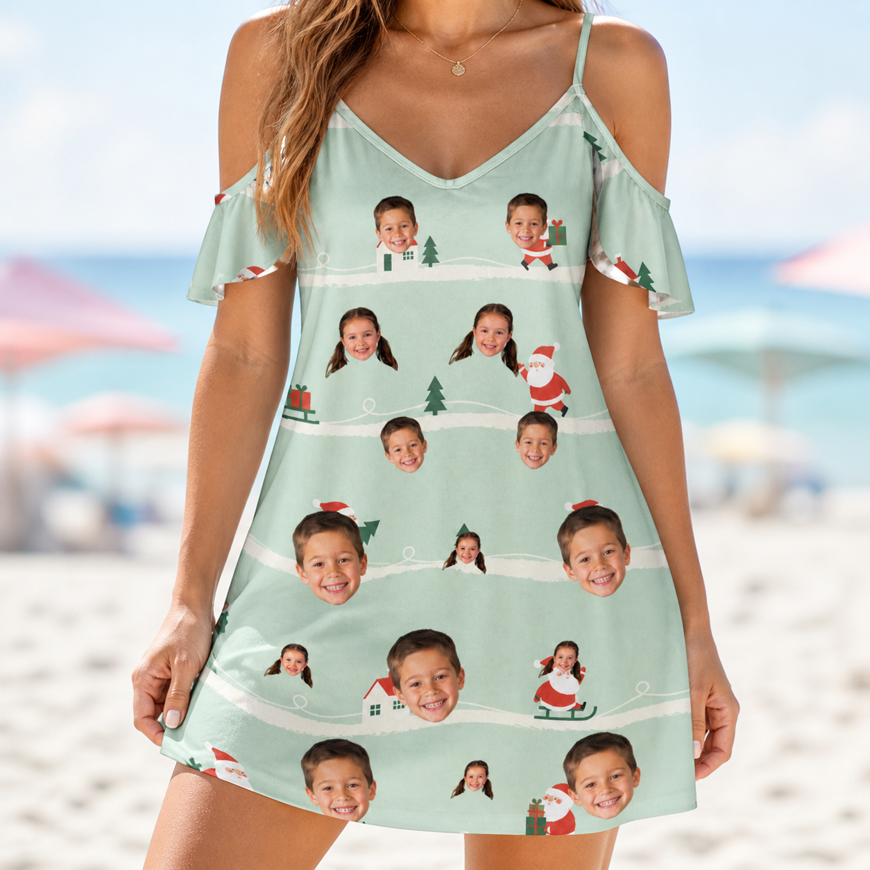 Model wearing Women's Claus Carnival Custom Face Off-Shoulder Dress printed with kids' faces