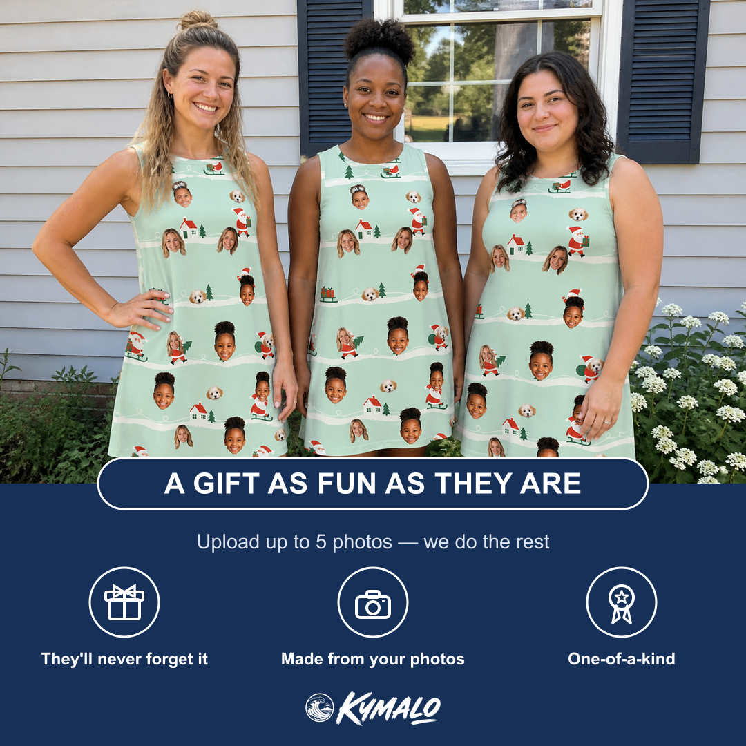 Friends in matching Women's Claus Carnival Custom Face Tank Dress — a group gift photo