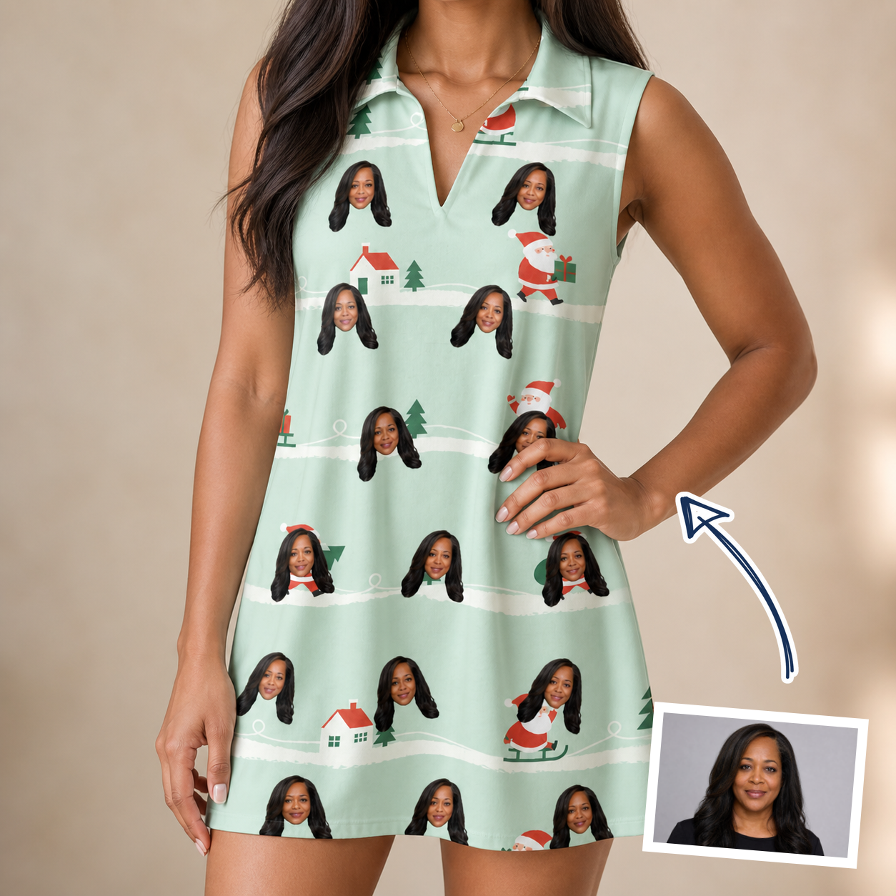 Woman wearing Women's Claus Carnival Custom Face V-Neck Dress — custom faces printed all-over