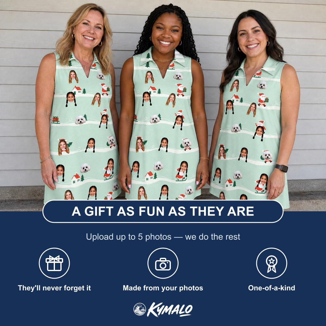 Friends in matching Women's Claus Carnival Custom Face V-Neck Dress — a group gift photo