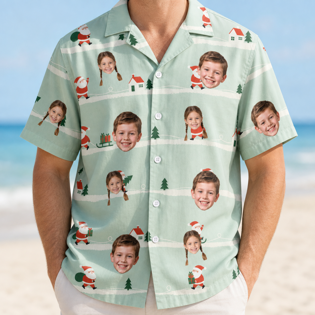 Model wearing Men's Claus Carnival Custom Face Hawaiian Shirt printed with kids' faces
