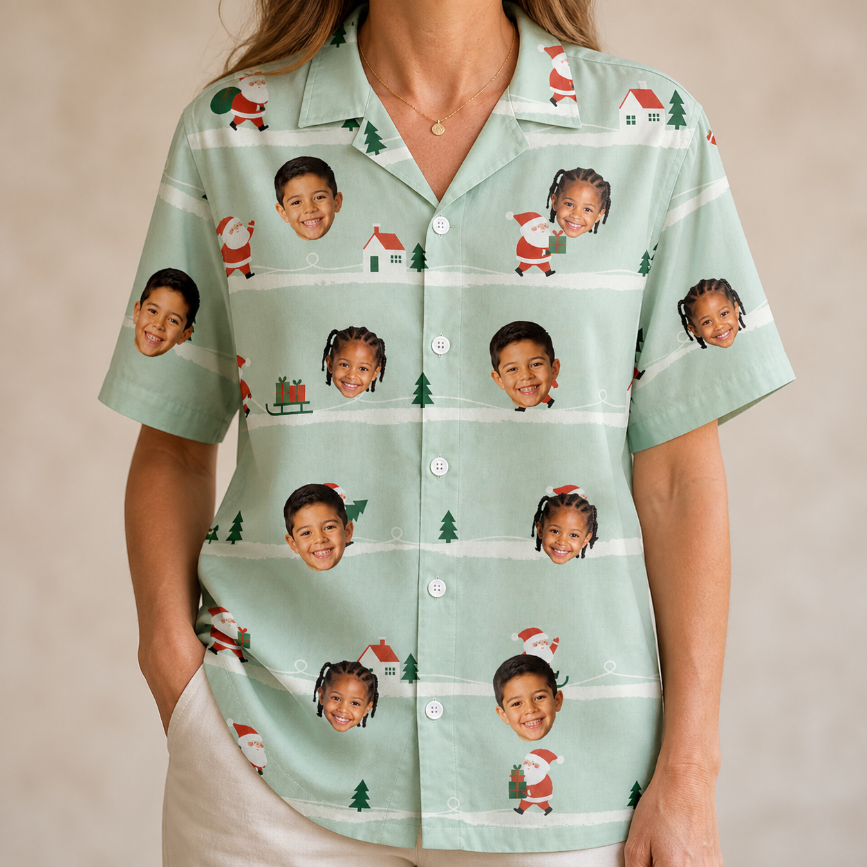 Model wearing Women's Claus Carnival Custom Face Hawaiian Shirt printed with kids' faces