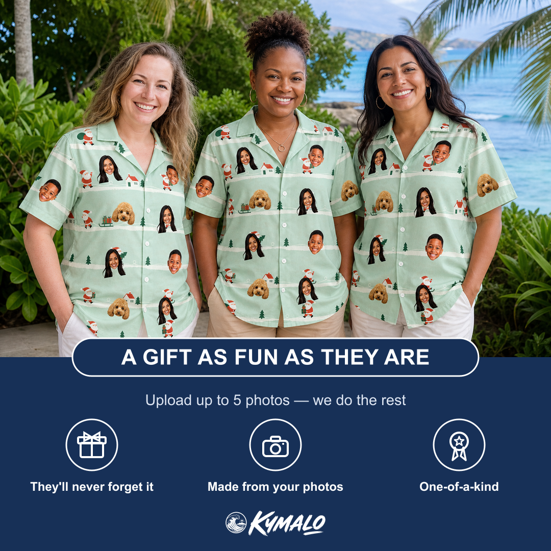 Friends in matching Women's Claus Carnival Custom Face Hawaiian Shirt — a group gift photo