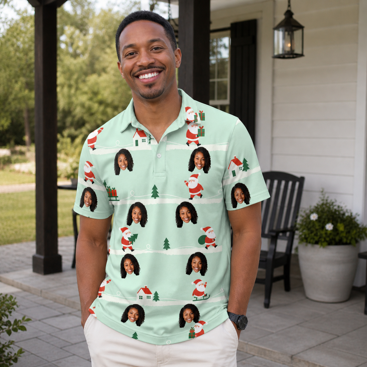 Real-life photo of someone wearing Men's Claus Carnival Custom Face Polo Shirt — custom faces printed all-over