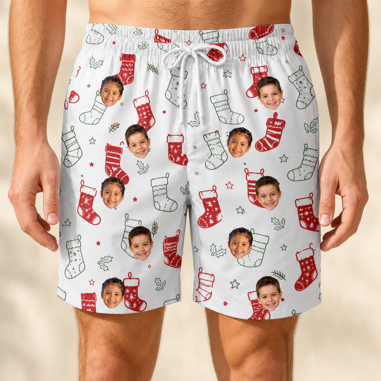 Model wearing Men's Yule Pouches Custom Face Beach Shorts printed with kids' faces