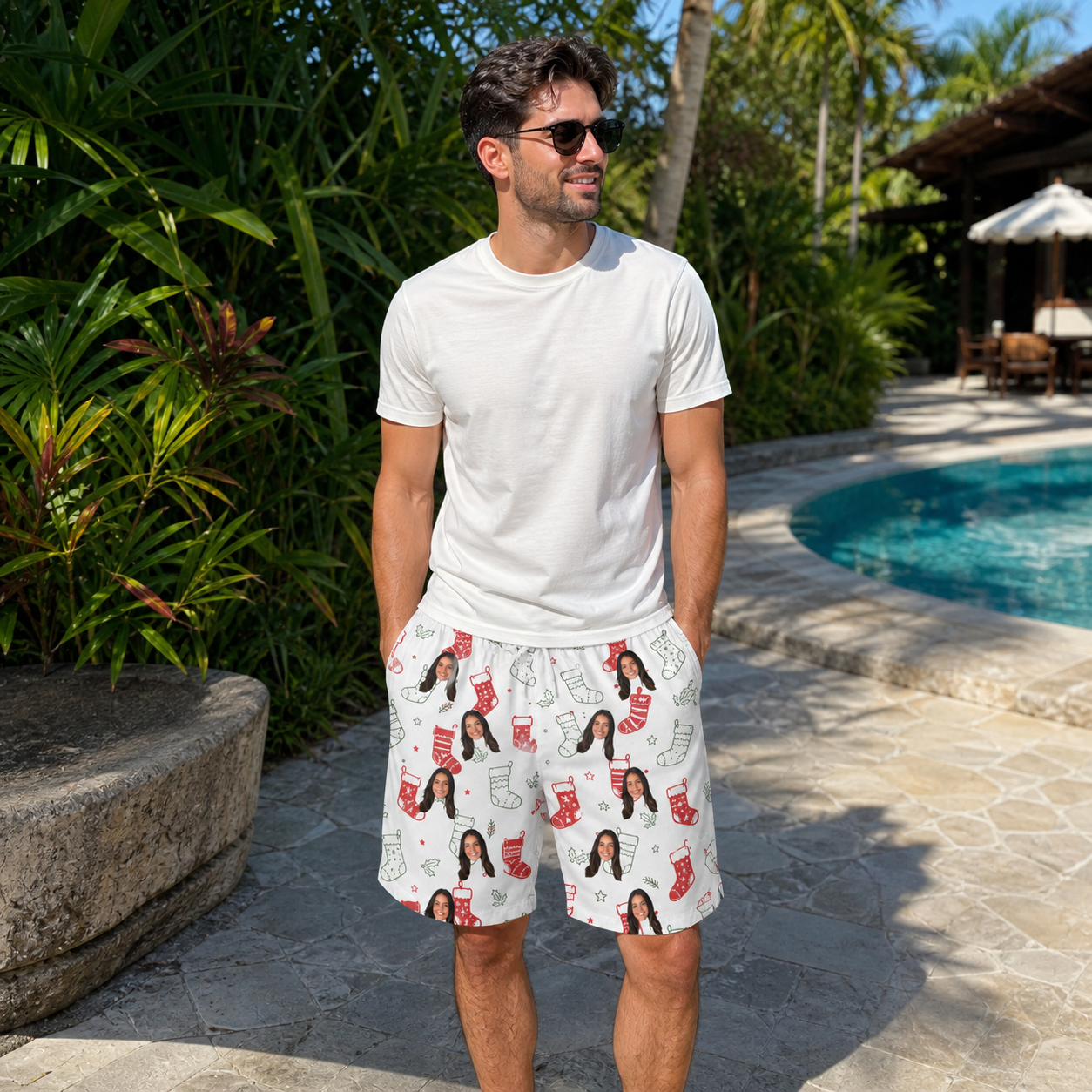 Real-life photo of someone wearing Men's Yule Pouches Custom Face Beach Shorts — custom faces printed all-over