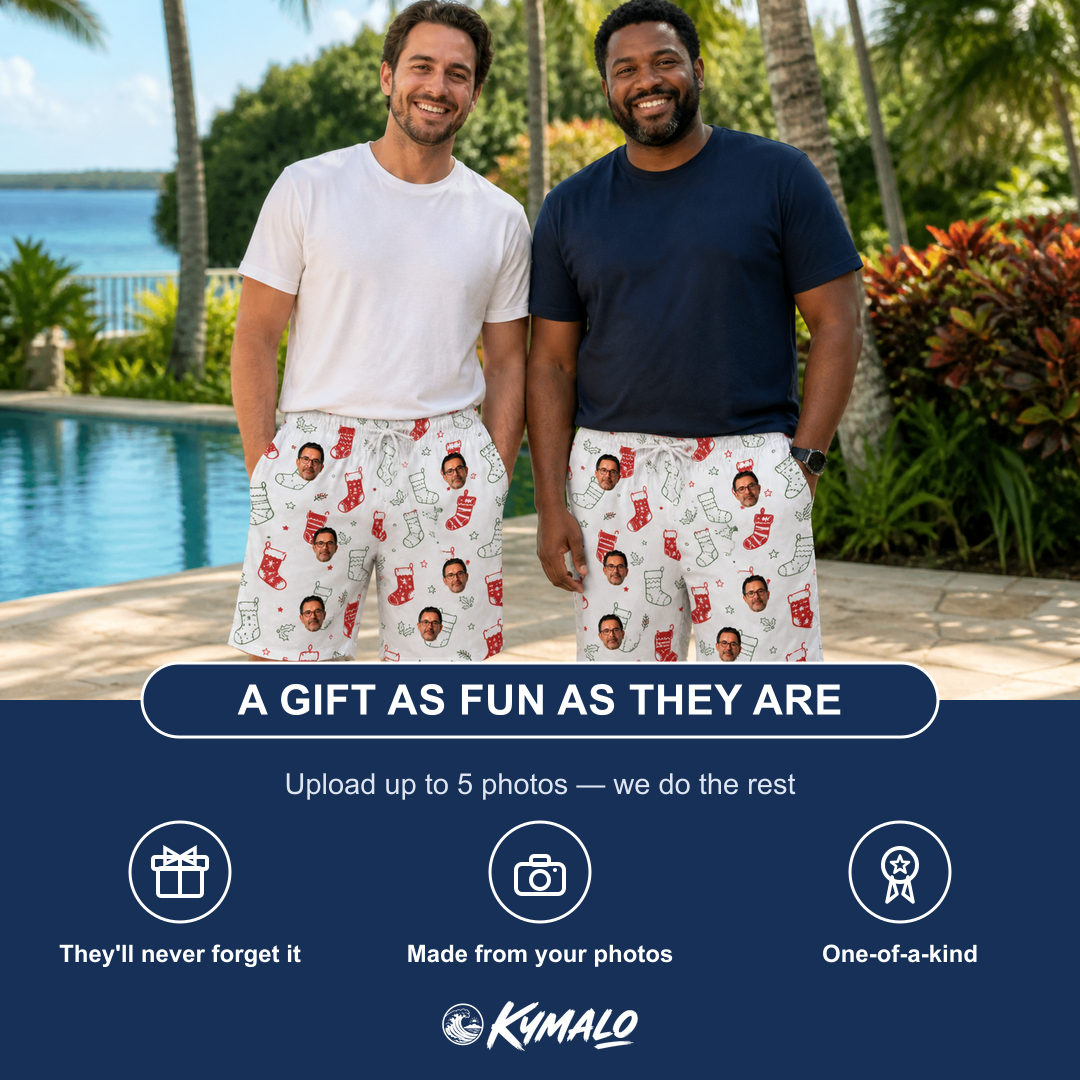 Friends in matching Men's Yule Pouches Custom Face Beach Shorts — a group gift photo