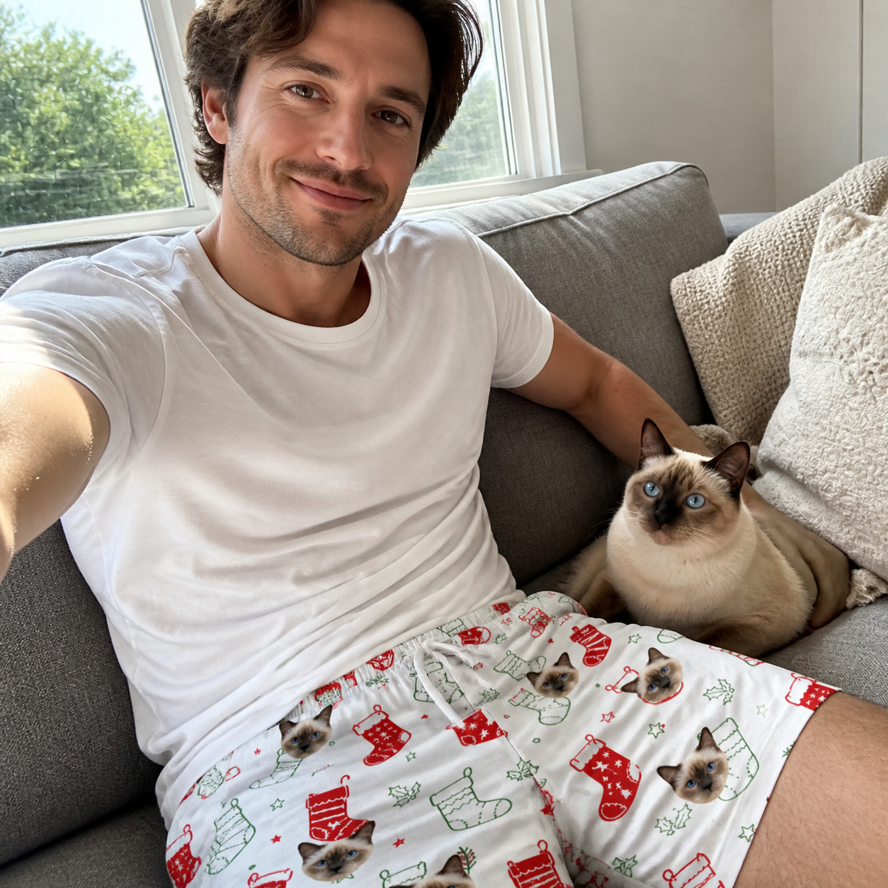 Selfie with the pet whose face is printed all over this Men's Yule Pouches Custom Cat Face Beach Shorts