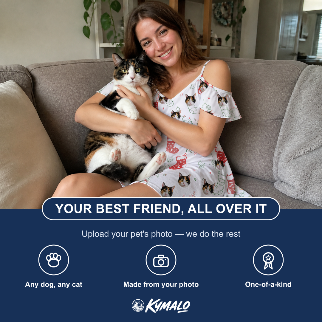 Friends in matching Women's Yule Pouches Custom Cat Face Off-Shoulder Dress — a group gift photo