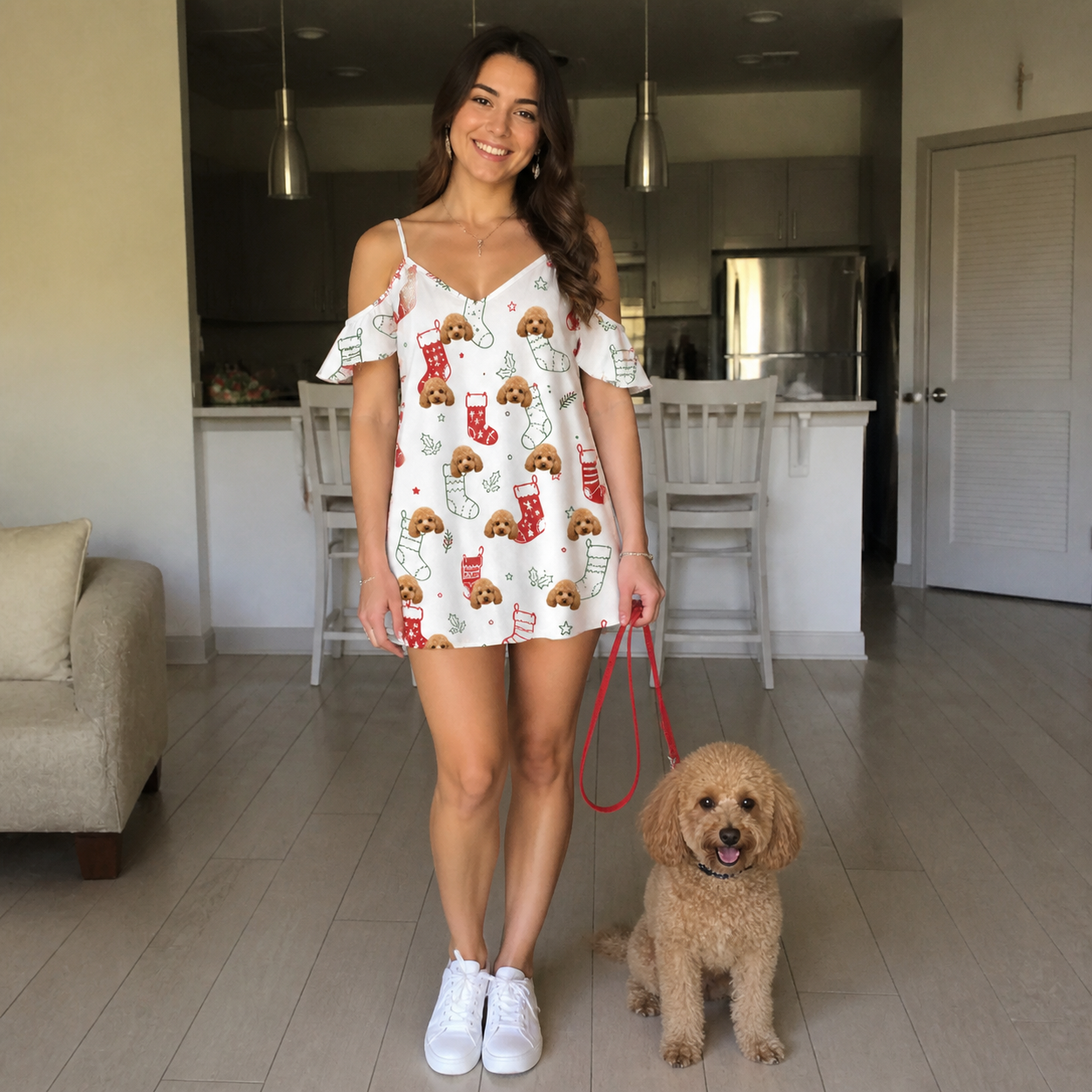 Full-length photo with the pet printed all over this Women's Yule Pouches Custom Dog Face Off-Shoulder Dress