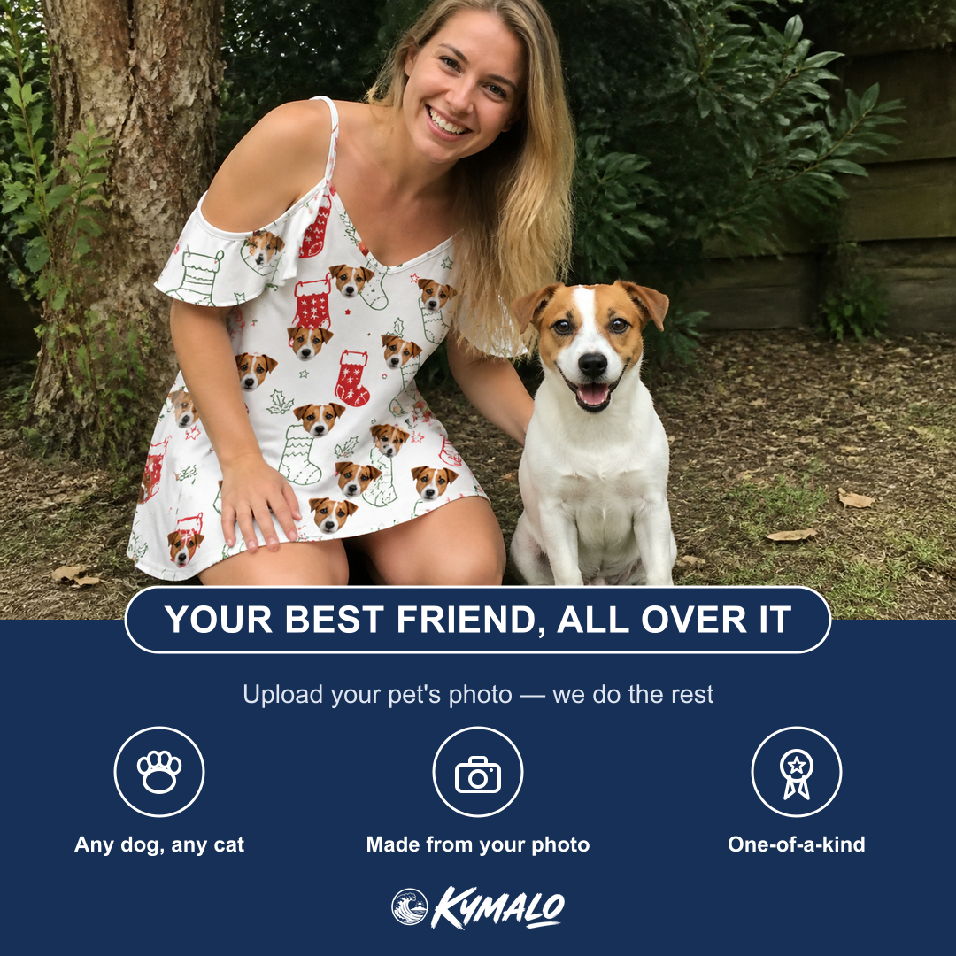Friends in matching Women's Yule Pouches Custom Dog Face Off-Shoulder Dress — a group gift photo