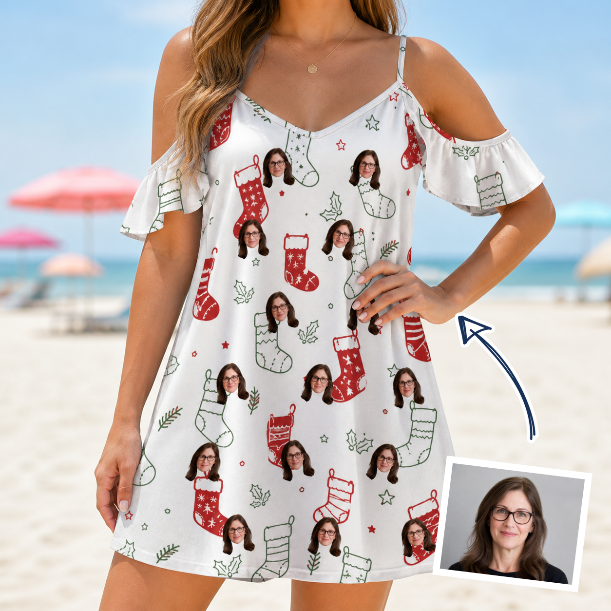 Woman wearing Women's Yule Pouches Custom Face Off-Shoulder Dress — custom faces printed all-over