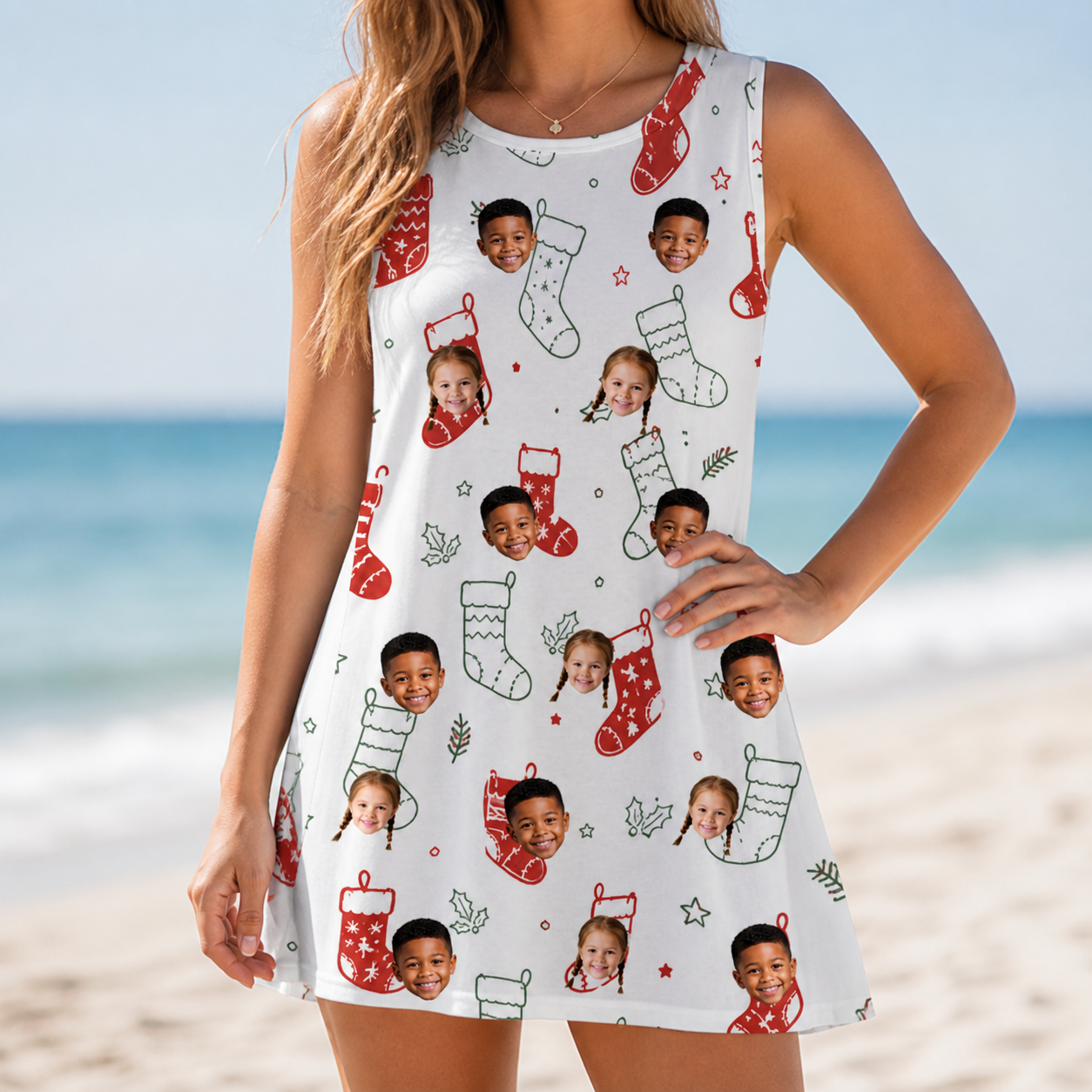 Model wearing Women's Yule Pouches Custom Face Tank Dress printed with kids' faces