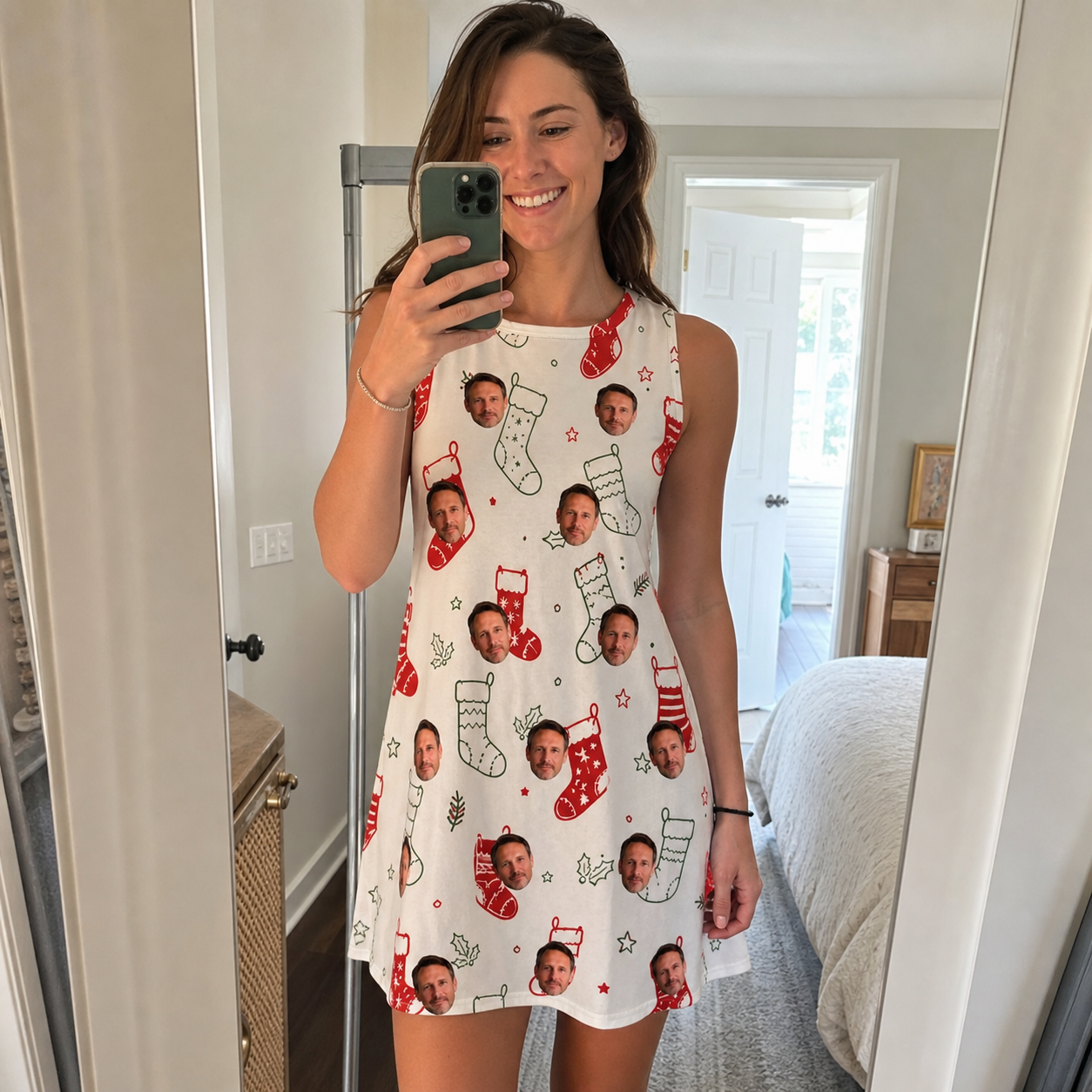 Real-life photo of someone wearing Women's Yule Pouches Custom Face Tank Dress — custom faces printed all-over