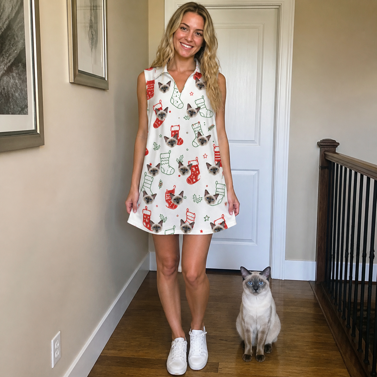 Full-length photo with the pet printed all over this Women's Yule Pouches Custom Cat Face V-Neck Dress