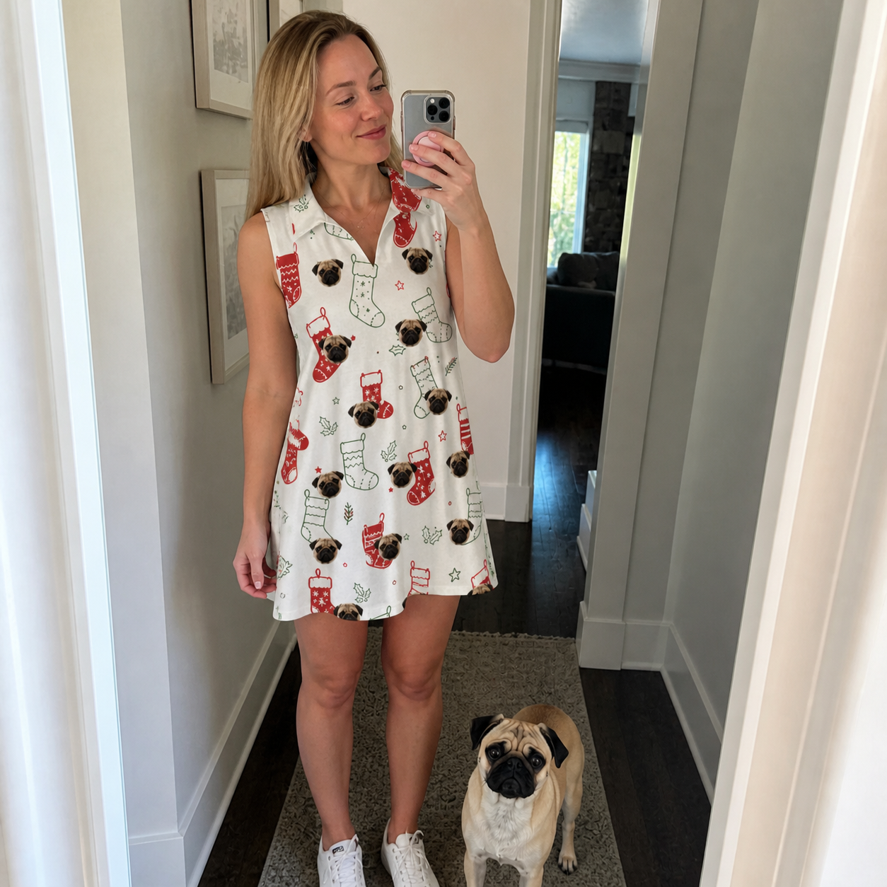 Full-length photo with the pet printed all over this Women's Yule Pouches Custom Dog Face V-Neck Dress