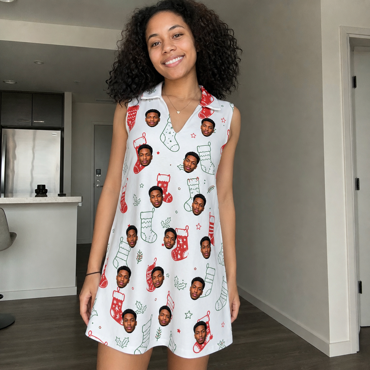 Real-life photo of someone wearing Women's Yule Pouches Custom Face V-Neck Dress — custom faces printed all-over
