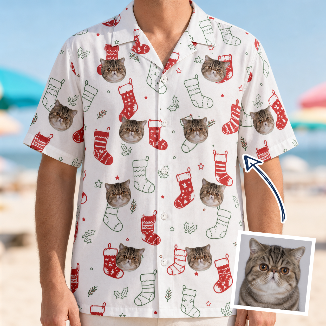 Man wearing Men's Yule Pouches Custom Cat Face Hawaiian Shirt — custom faces printed all-over