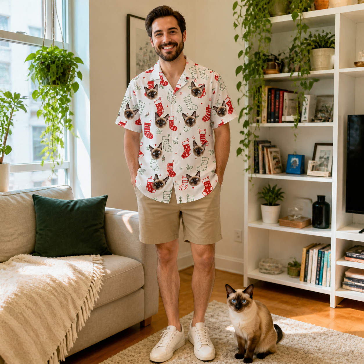 Full-length photo with the pet printed all over this Men's Yule Pouches Custom Cat Face Hawaiian Shirt