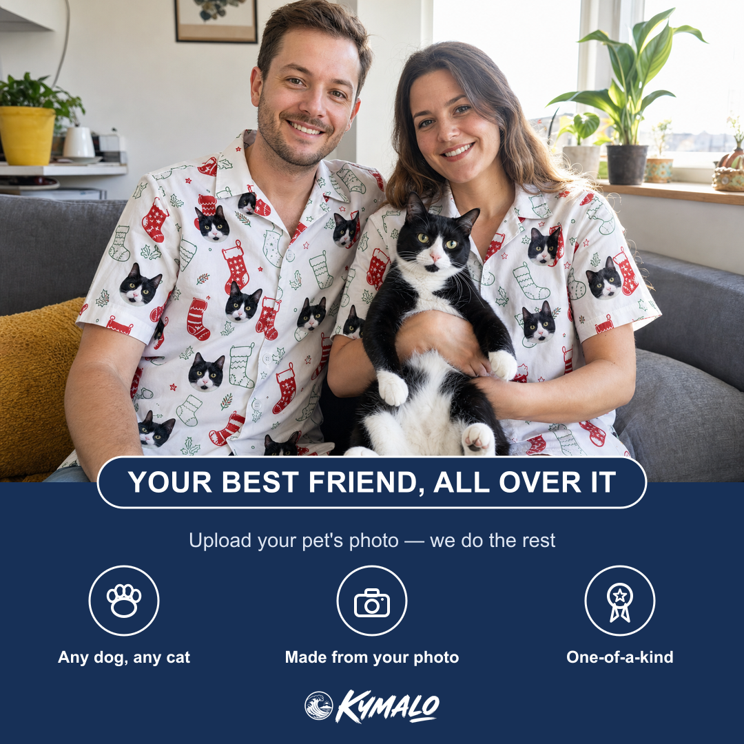 Friends in matching Men's Yule Pouches Custom Cat Face Hawaiian Shirt — a group gift photo