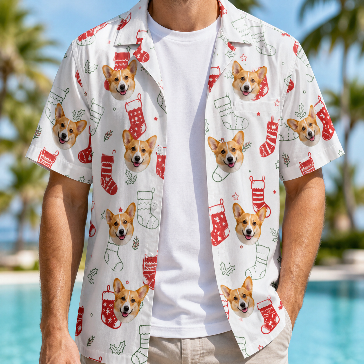 Man wearing Men's Yule Pouches Custom Dog Face Hawaiian Shirt open over a white tee