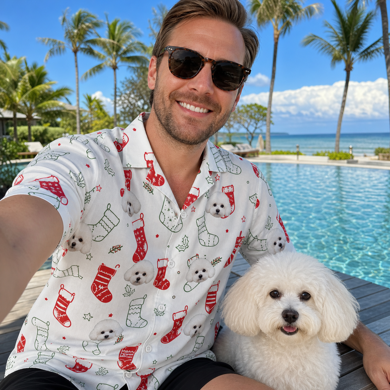 Selfie with the pet whose face is printed all over this Men's Yule Pouches Custom Dog Face Hawaiian Shirt