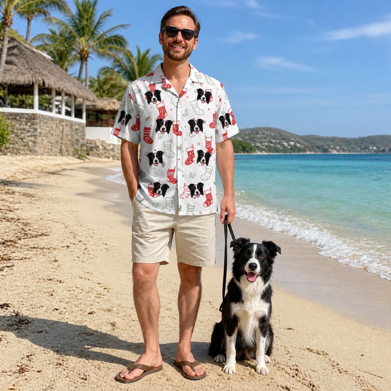 Full-length photo with the pet printed all over this Men's Yule Pouches Custom Dog Face Hawaiian Shirt
