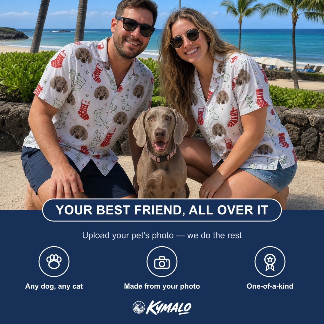Friends in matching Men's Yule Pouches Custom Dog Face Hawaiian Shirt — a group gift photo