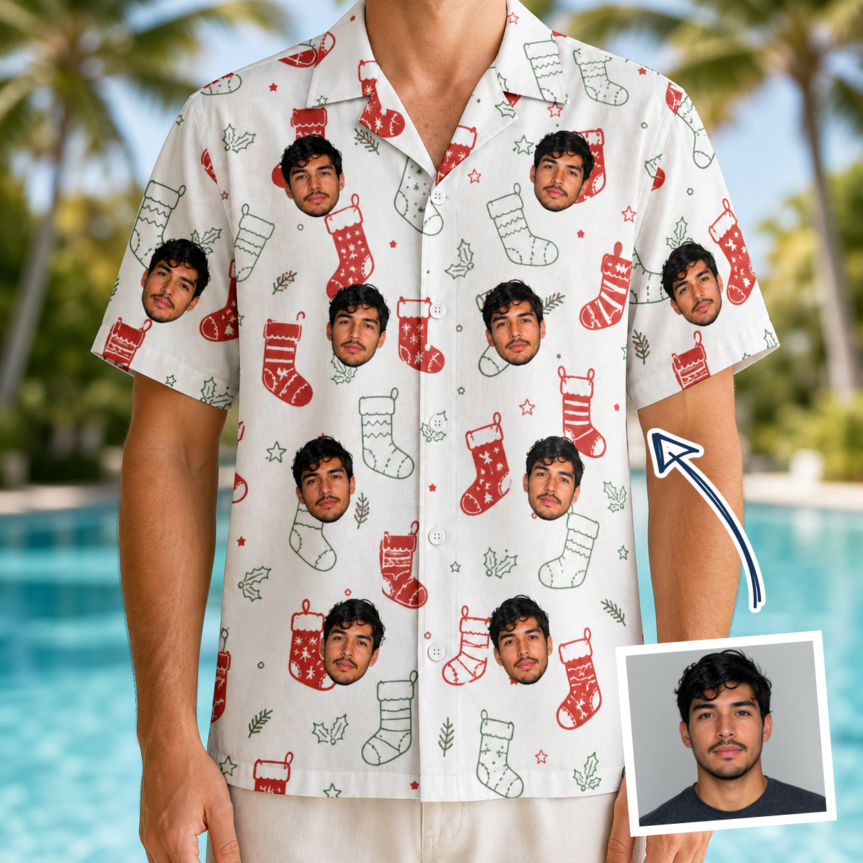 Man wearing Men's Yule Pouches Custom Face Hawaiian Shirt — custom faces printed all-over
