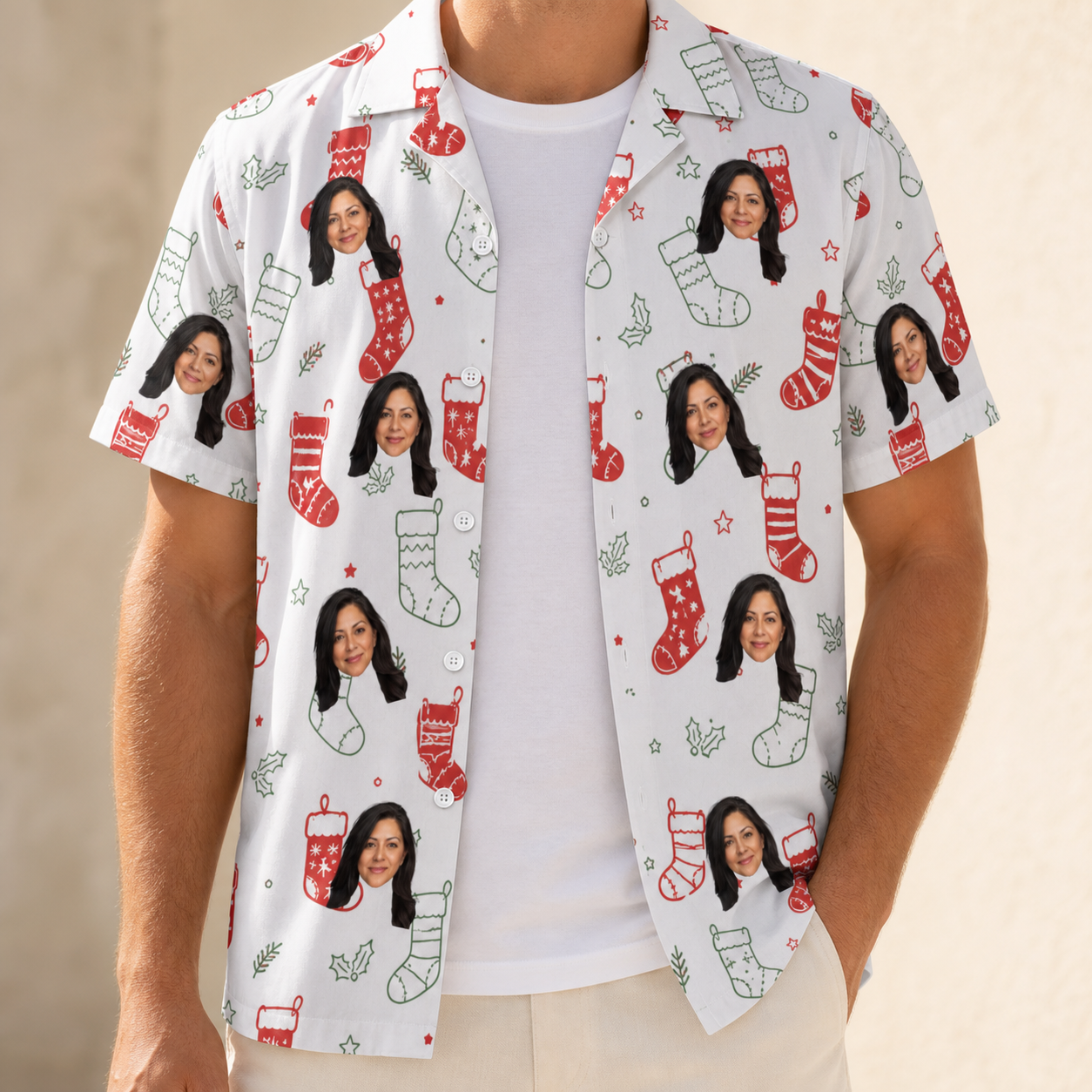 Man wearing Men's Yule Pouches Custom Face Hawaiian Shirt open over a white tee