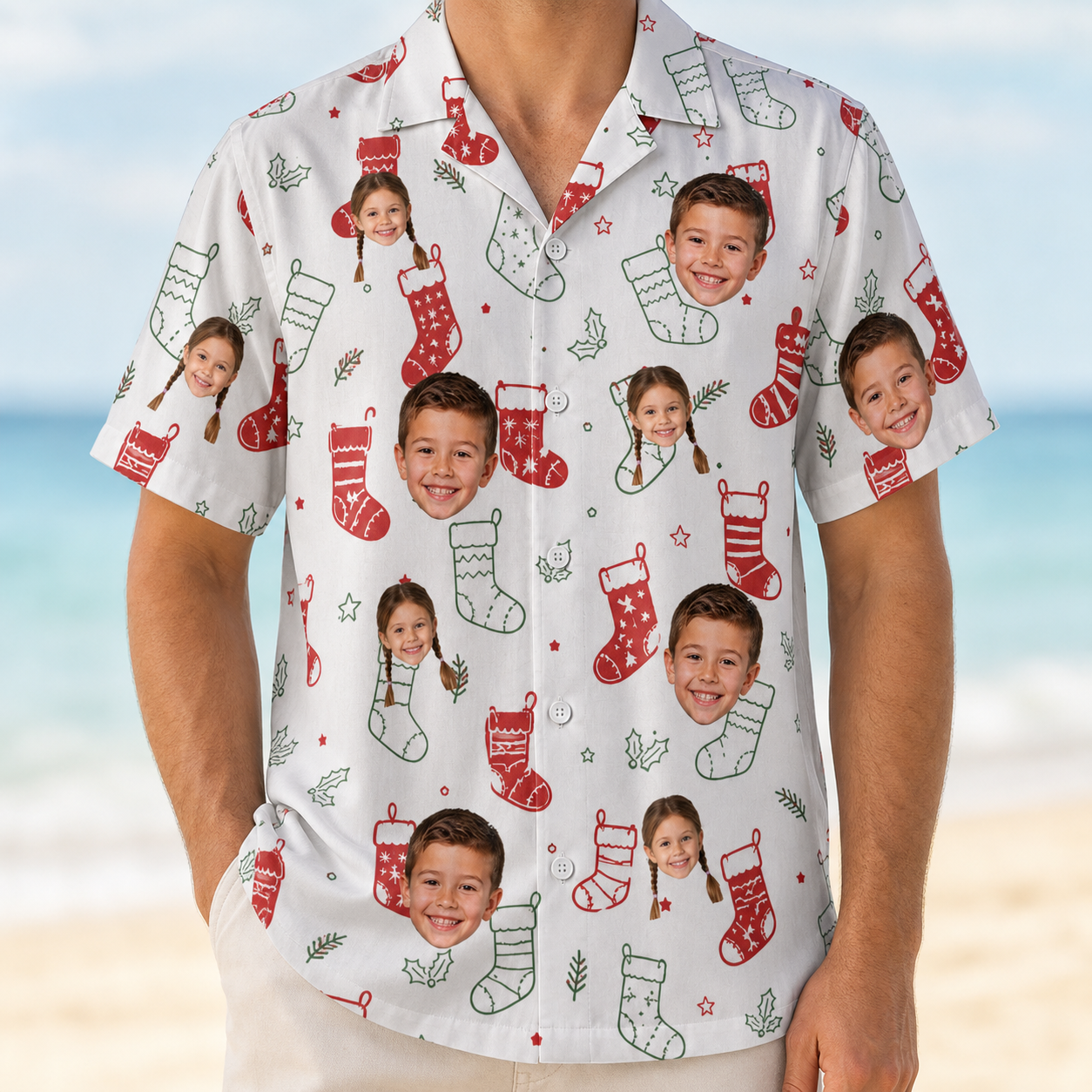 Model wearing Men's Yule Pouches Custom Face Hawaiian Shirt printed with kids' faces