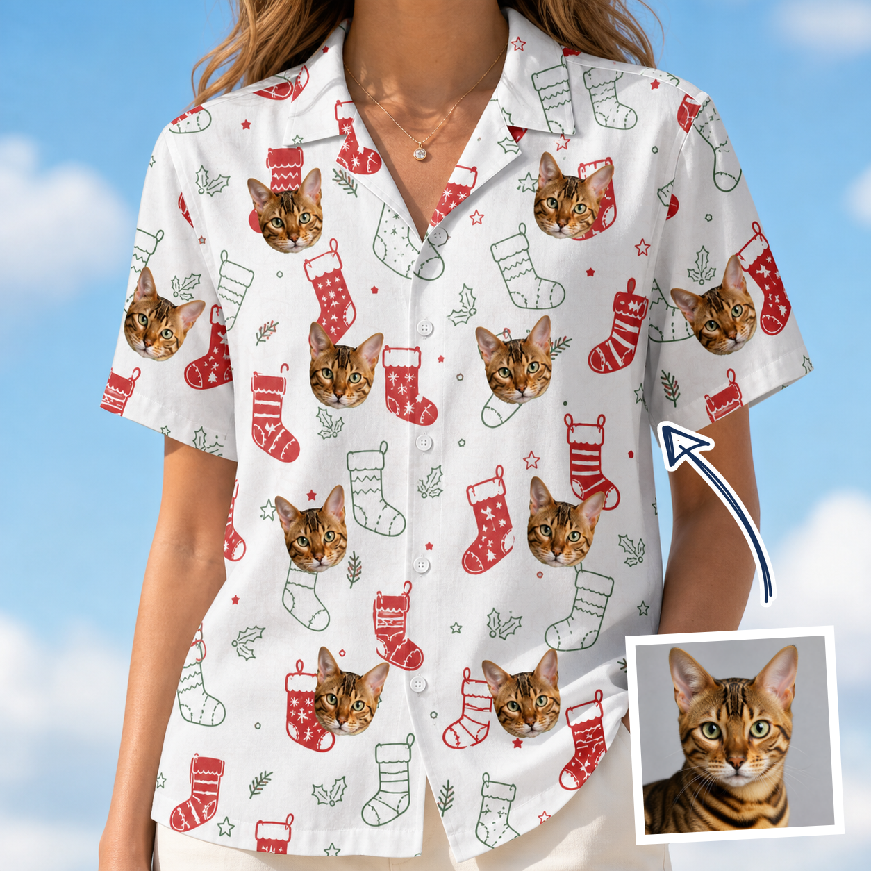 Woman wearing Women's Yule Pouches Custom Cat Face Hawaiian Shirt — custom faces printed all-over