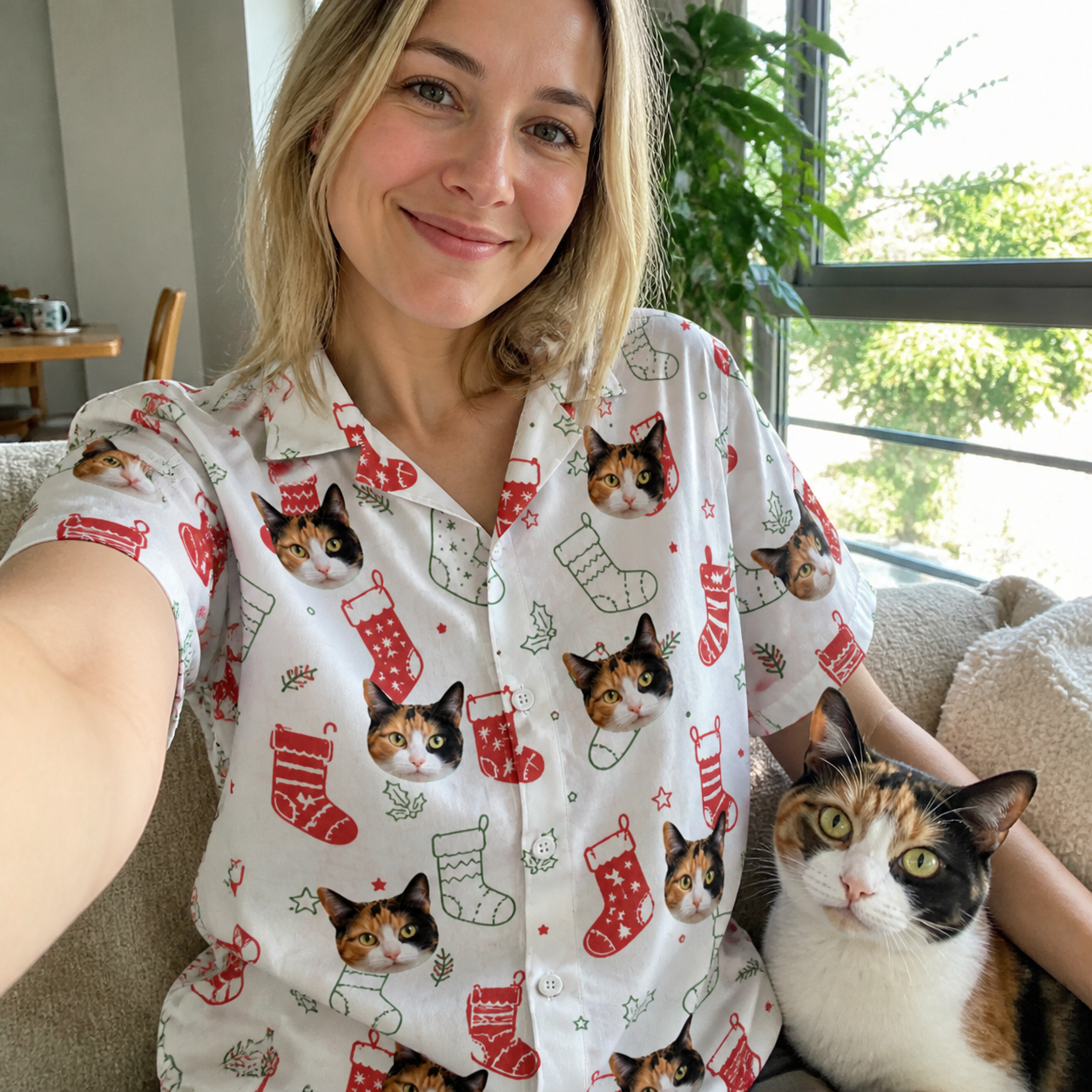 Selfie with the pet whose face is printed all over this Women's Yule Pouches Custom Cat Face Hawaiian Shirt