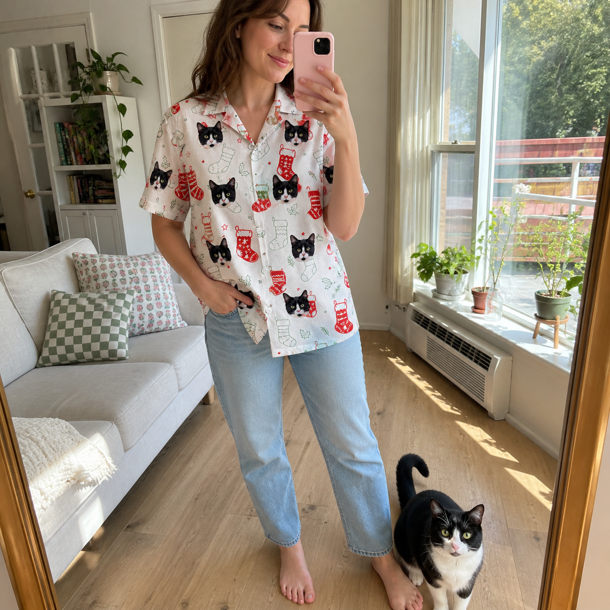 Full-length photo with the pet printed all over this Women's Yule Pouches Custom Cat Face Hawaiian Shirt
