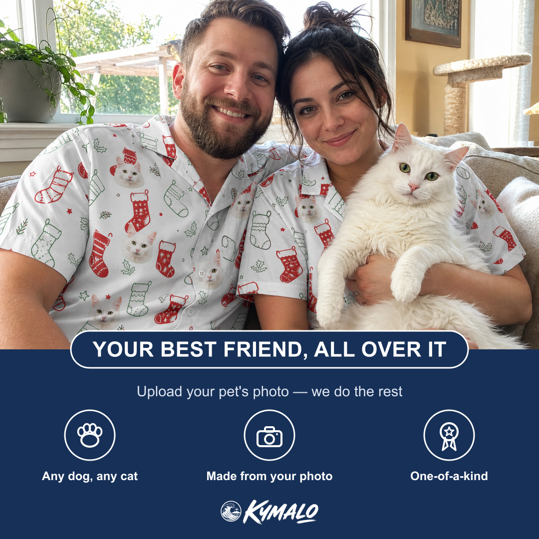 Friends in matching Women's Yule Pouches Custom Cat Face Hawaiian Shirt — a group gift photo