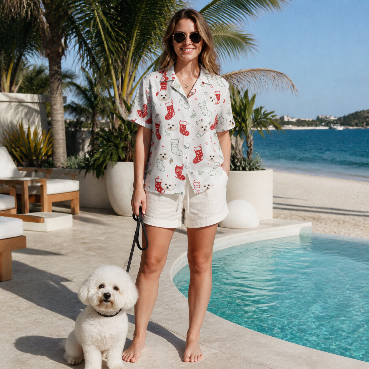 Full-length photo with the pet printed all over this Women's Yule Pouches Custom Dog Face Hawaiian Shirt