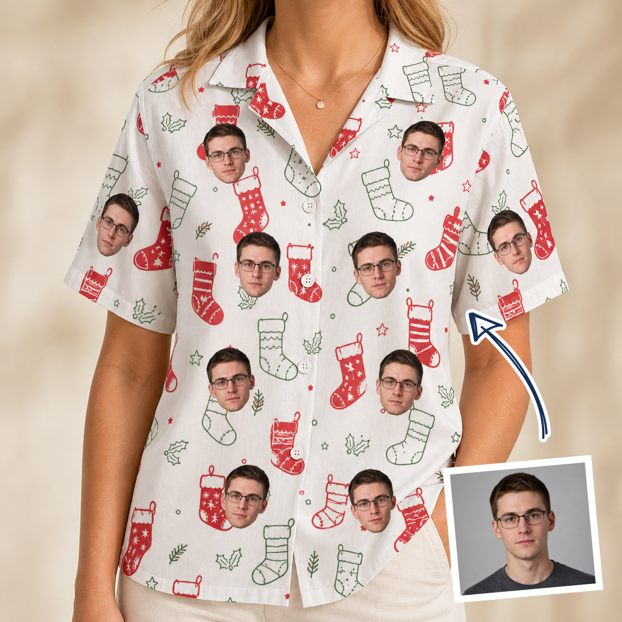 Woman wearing Women's Yule Pouches Custom Face Hawaiian Shirt — custom faces printed all-over